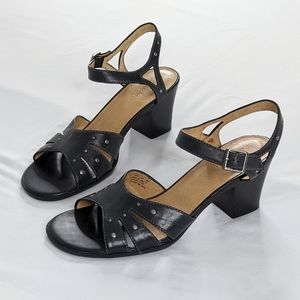 Clarks Black Open Toe Strappy Heeled Leather Sandals